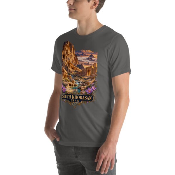 Asphalt South Khorasan unisex t-shirt, front view with historic citadel of Birjand design