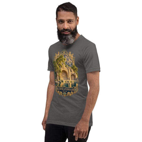 Asphalt Kermanshah unisex t-shirt, front view with Taq-e Bostan Sasanian rock reliefs design