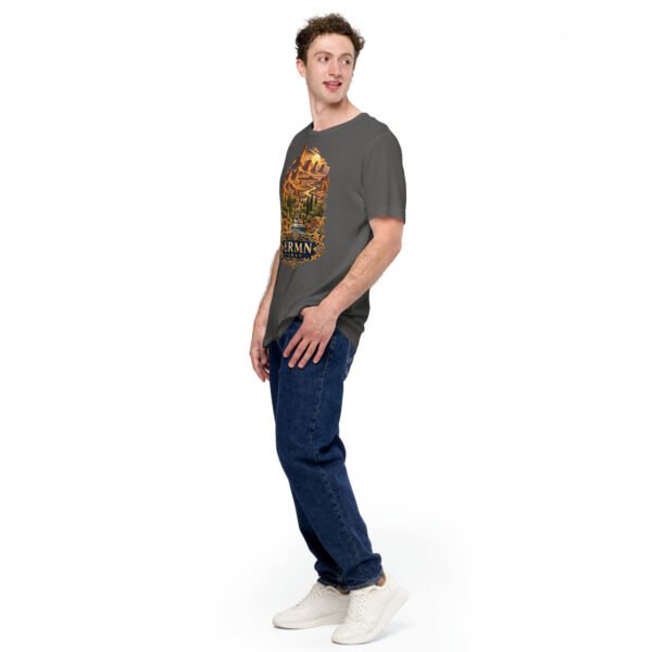 unisex-staple-t-shirt-asphalt-left-front-6acbd5352c8fa.jpg Asphalt Kerman unisex t-shirt, front view with Arg-e Bam citadel and desert palm groves design
