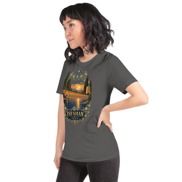 Asphalt Isfahan unisex t-shirt, front view with Naqsh-e Jahan Square and Ali Qapu Palace design