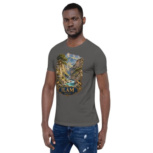 Asphalt Ilam unisex t-shirt, front view with Razianeh Gorge in the Zagros Mountains design