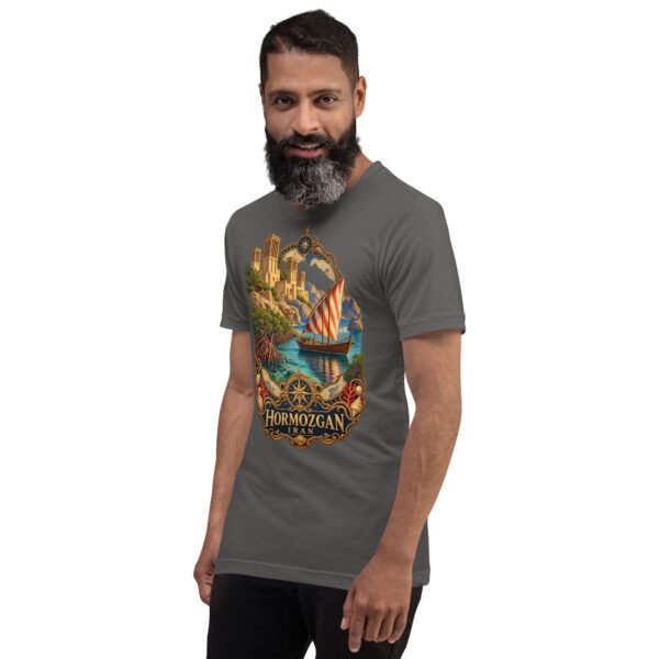 Asphalt Hormozgan unisex t-shirt, front view with Portuguese Castle of Hormuz and the Persian Gulf design