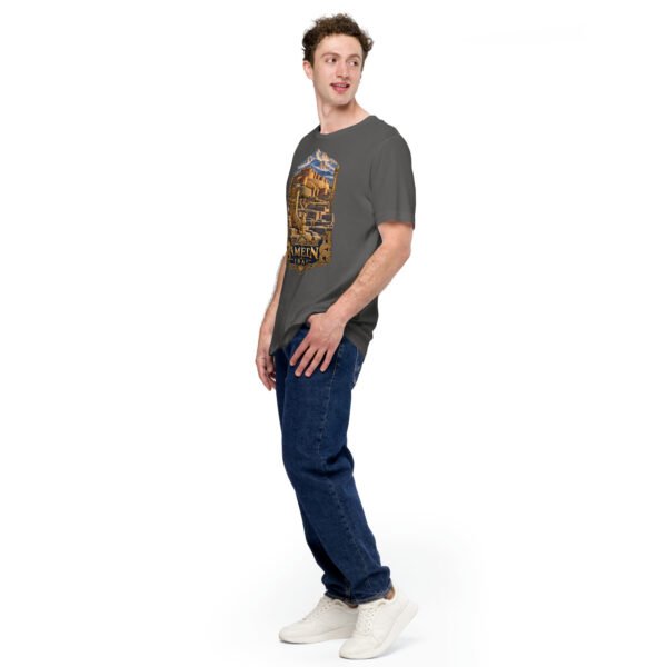 unisex-staple-t-shirt-asphalt-left-front-6acbd9f3e11ba.jpg Asphalt Hamedan unisex t-shirt, front view with Ganjnameh inscriptions and Mount Alvand design