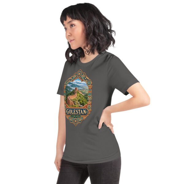 Asphalt Golestan unisex t-shirt, front view with Sasanian Great Wall of Gorgan design