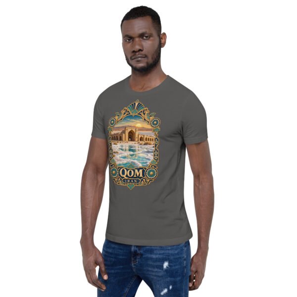Asphalt Qom unisex t-shirt, front view with Deir-e Gachin caravanserai in the desert design