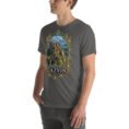 Asphalt Qazvin unisex t-shirt, front view with Alamut Castle on its rocky Alborz cliff design