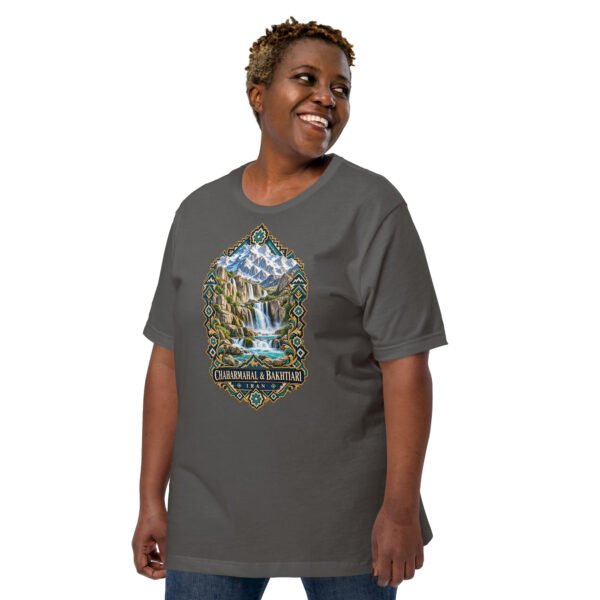 Asphalt Chaharmahal and Bakhtiari unisex t-shirt, front view with Zard-Kuh and the Koohrang waterfall design