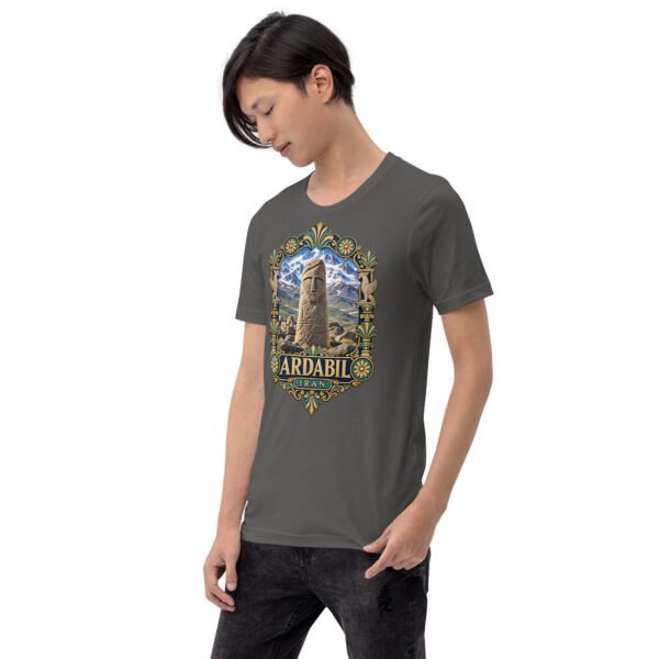 Asphalt Ardabil unisex t-shirt, front view with ancient Shahr-e Yeri stone figures and Mount Sabalan design