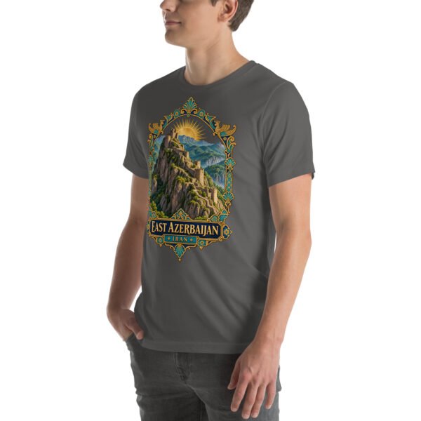 Asphalt East Azerbaijan unisex t-shirt, front view with Babak Castle and the Arasbaran valleys design
