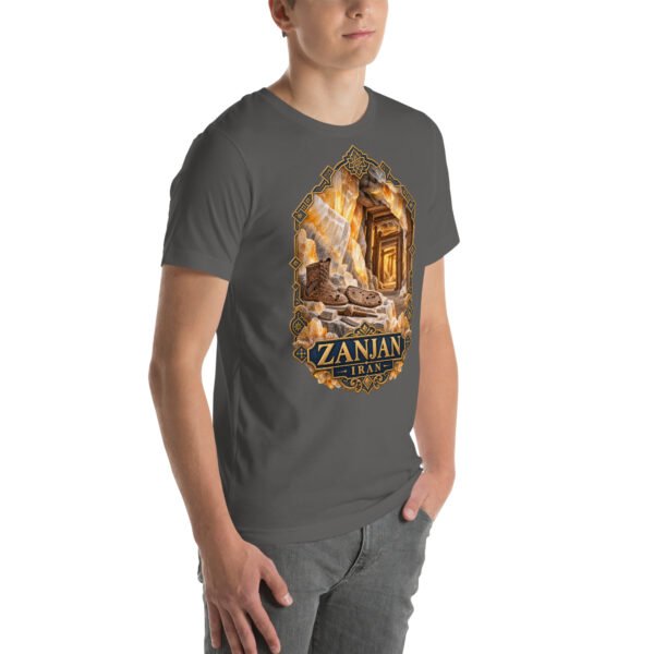 Asphalt Zanjan unisex t-shirt, front view with Chehrabad salt mine and salt crystals design