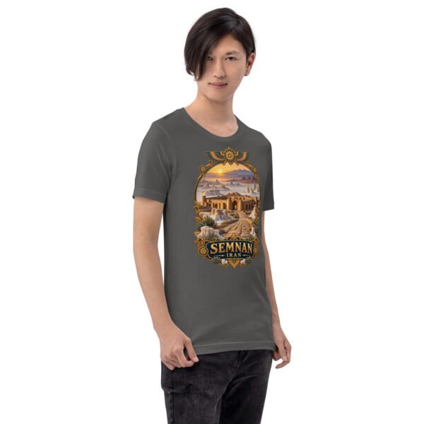 Asphalt Semnan unisex t-shirt, front view with Qasr-e Bahram caravanserai in the Dasht-e Kavir design