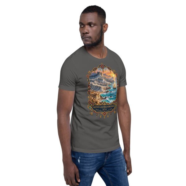 Asphalt Sistan and Baluchestan unisex t-shirt, front view with Shahr-e Sukhteh, the Burnt City design