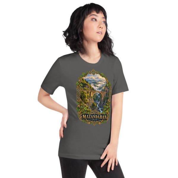 Asphalt Mazandaran unisex t-shirt, front view with terraced springs of Badab-e Surt in the Hyrcanian forest design