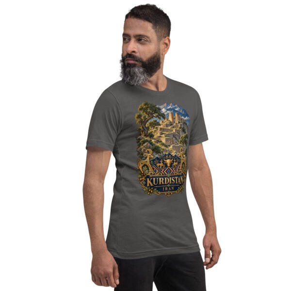 unisex-staple-t-shirt-asphalt-right-front-6acbcf7f1fbdb.jpg Asphalt Kurdistan unisex t-shirt, front view with Ziwiye fortress and golden Mannaean motifs design