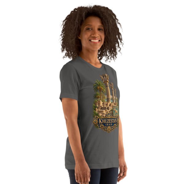 Asphalt Khuzestan unisex t-shirt, front view with ancient Susa design