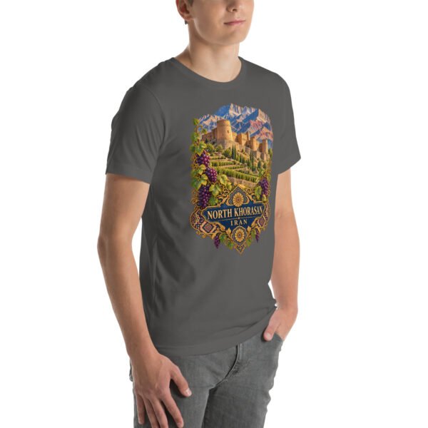 Asphalt North Khorasan unisex t-shirt, front view with historic citadel of Shirvan and vineyards design