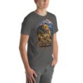 Asphalt Khorasan Razavi unisex t-shirt, front view with Tomb of Ferdowsi in ancient Tus design
