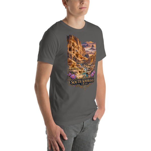Asphalt South Khorasan unisex t-shirt, front view with historic citadel of Birjand design