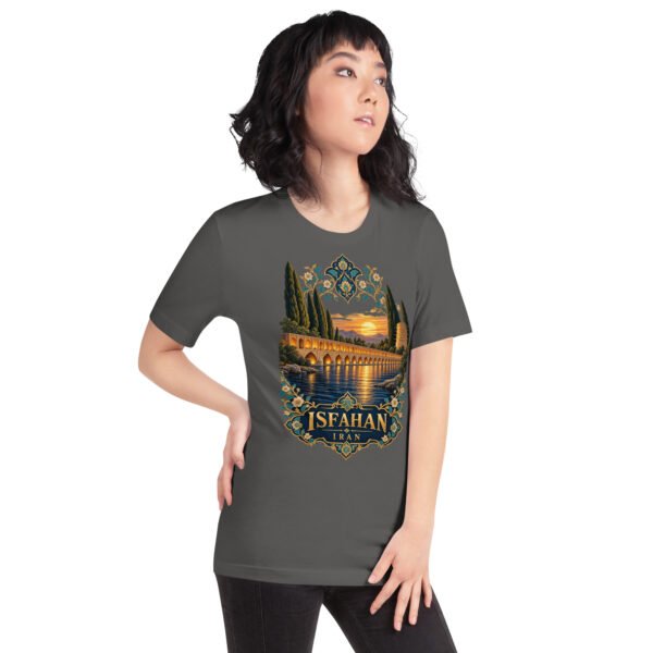 Asphalt Isfahan unisex t-shirt, front view with Naqsh-e Jahan Square and Ali Qapu Palace design