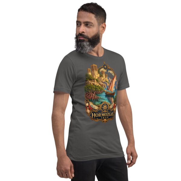Asphalt Hormozgan unisex t-shirt, front view with Portuguese Castle of Hormuz and the Persian Gulf design