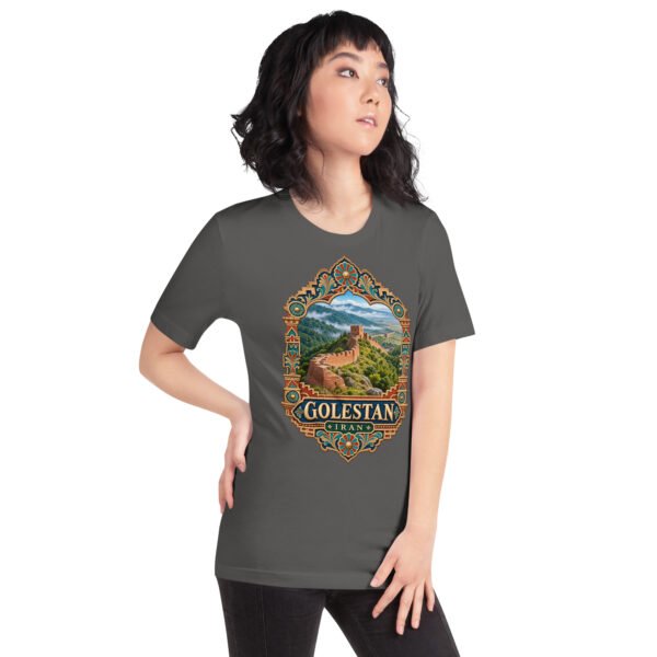 Asphalt Golestan unisex t-shirt, front view with Sasanian Great Wall of Gorgan design