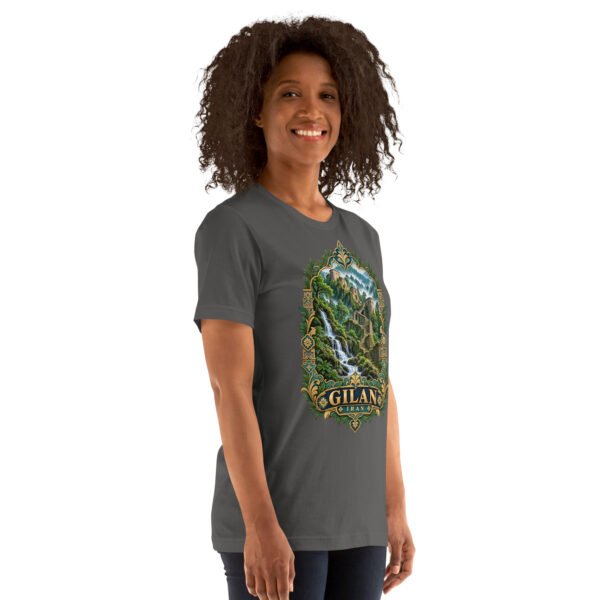 Asphalt Gilan unisex t-shirt, front view with Rudkhan Castle in the Hyrcanian forest design
