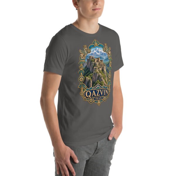 Asphalt Qazvin unisex t-shirt, front view with Alamut Castle on its rocky Alborz cliff design