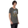 Asphalt Ardabil unisex t-shirt, front view with ancient Shahr-e Yeri stone figures and Mount Sabalan design