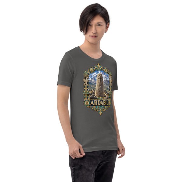 Asphalt Ardabil unisex t-shirt, front view with ancient Shahr-e Yeri stone figures and Mount Sabalan design