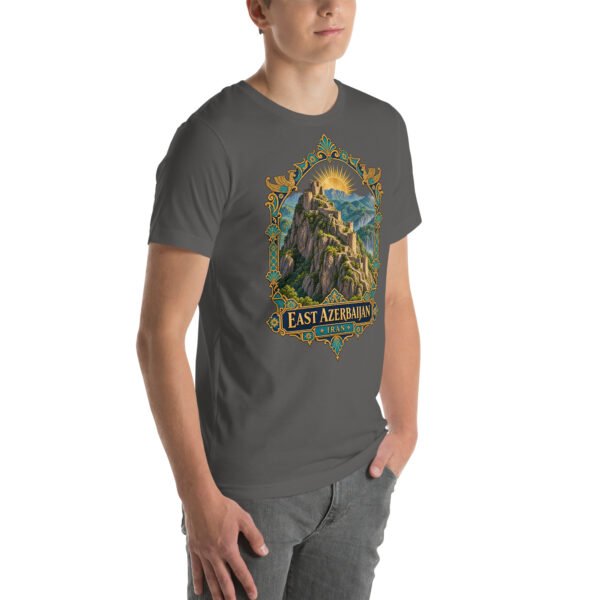Asphalt East Azerbaijan unisex t-shirt, front view with Babak Castle and the Arasbaran valleys design