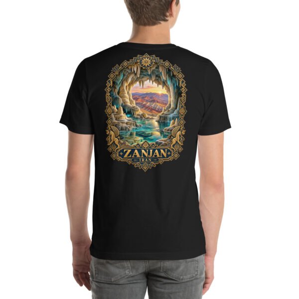 Black Zanjan unisex t-shirt, back view with Katale Khor cave and the colorful mountains of Mahneshan design