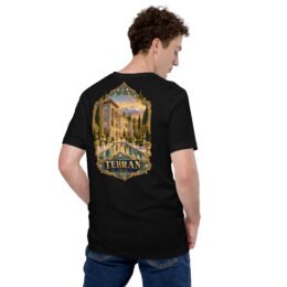 Black Tehran unisex t-shirt, back view with Azadi Tower and Mount Damavand design