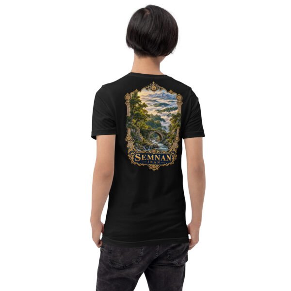 Black Semnan unisex t-shirt, back view with Abr Forest and the eastern Alborz design