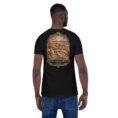 Black Sistan and Baluchestan unisex t-shirt, back view with Makran coast and the miniature mountains of Chabahar design