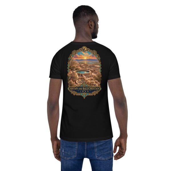 Black Sistan and Baluchestan unisex t-shirt, back view with Makran coast and the miniature mountains of Chabahar design