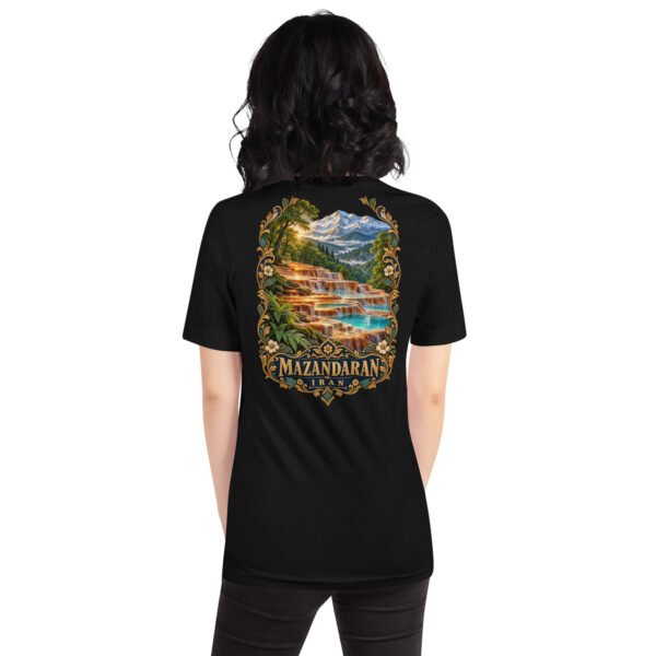 Black Mazandaran unisex t-shirt, back view with Veresk Bridge and the slopes of the Alborz design