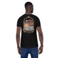 Black Markazi unisex t-shirt, back view with mountains of Haftad Gholleh in central Iran design