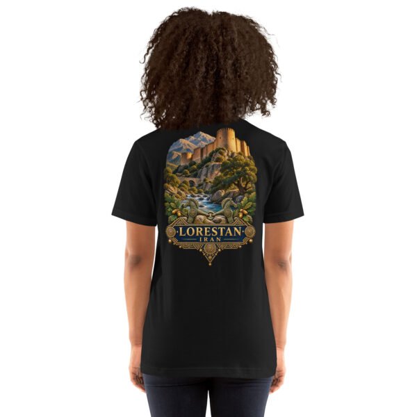 Black Lorestan unisex t-shirt, back view with Falak-ol-Aflak Castle in Khorramabad design