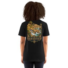 Black Khuzestan unisex t-shirt, back view with Shushtar Historical Hydraulic System and its waterfalls design