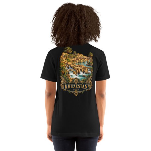 Black Khuzestan unisex t-shirt, back view with Shushtar Historical Hydraulic System and its waterfalls design