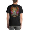 Black South Khorasan unisex t-shirt, back view with Lut Desert with barberry and saffron fields design