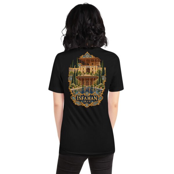 Black Isfahan unisex t-shirt, back view with Naqsh-e Jahan Square and Ali Qapu Palace design