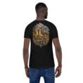 Black Ilam unisex t-shirt, back view with Zagros mountains and ancient Elamite rock reliefs design