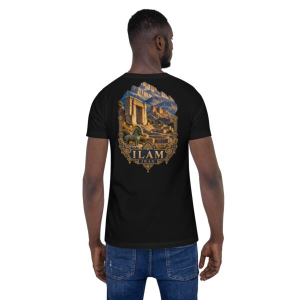 Black Ilam unisex t-shirt, back view with Zagros mountains and ancient Elamite rock reliefs design