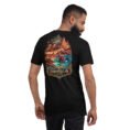 Black Hormozgan unisex t-shirt, back view with Laft windcatchers, colorful Hormuz soil and the Persian Gulf design