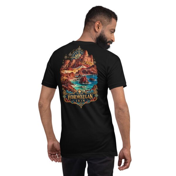 Black Hormozgan unisex t-shirt, back view with Laft windcatchers, colorful Hormuz soil and the Persian Gulf design