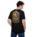 Black Hamedan unisex t-shirt, back view with Ganjnameh inscriptions and Mount Alvand design