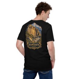 Black Hamedan unisex t-shirt, back view with Ganjnameh inscriptions and Mount Alvand design