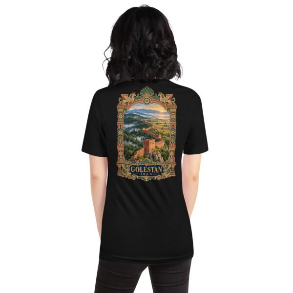 Black Golestan unisex t-shirt, back view with Great Wall of Gorgan, Hyrcanian forest and northern plains design