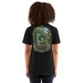 Black Gilan unisex t-shirt, back view with Rudkhan Castle, misty forest and waterfalls design